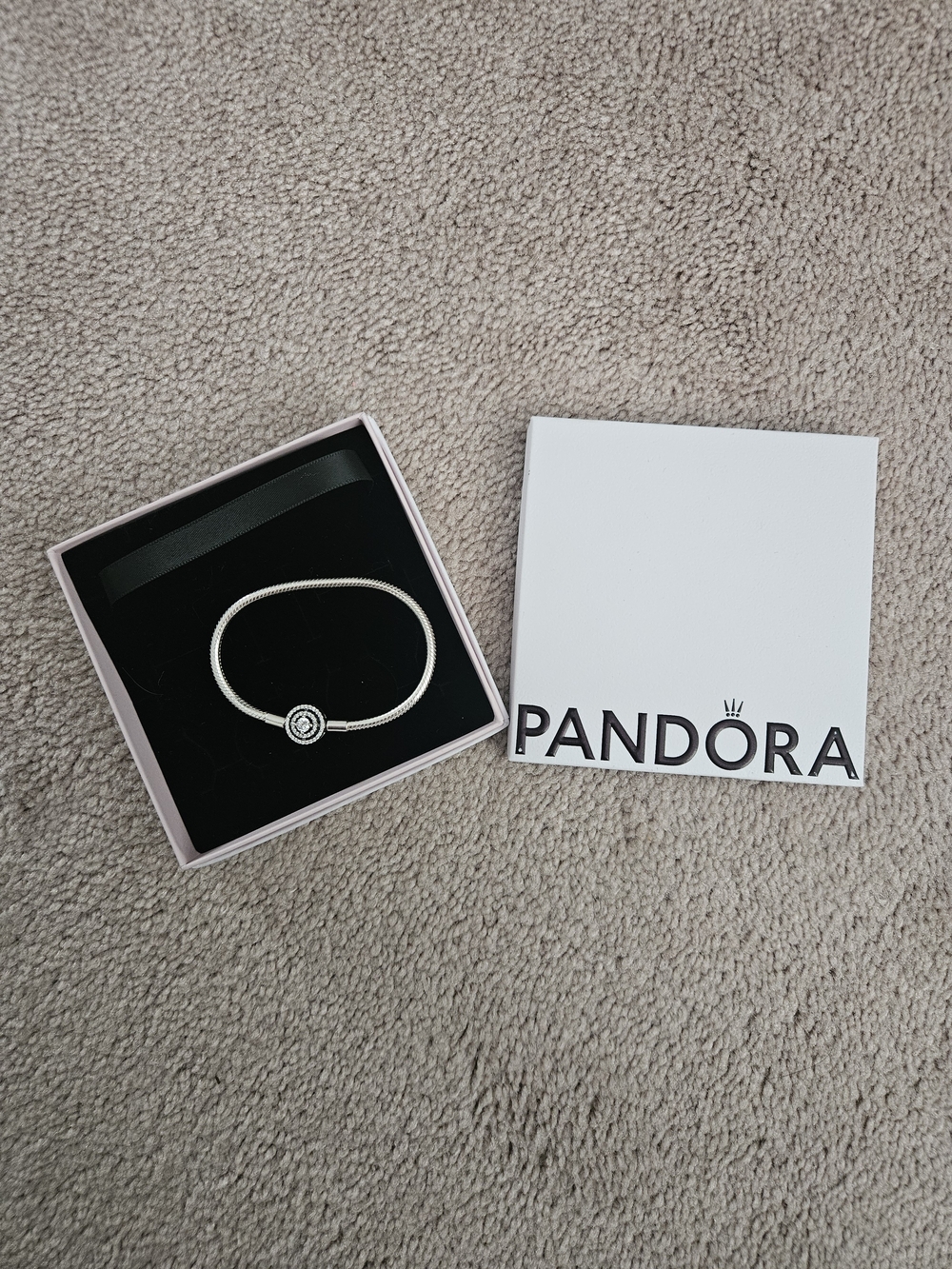 Pandora Silver Snake Chain Bracelet with Crystal Round Clasp - Silver